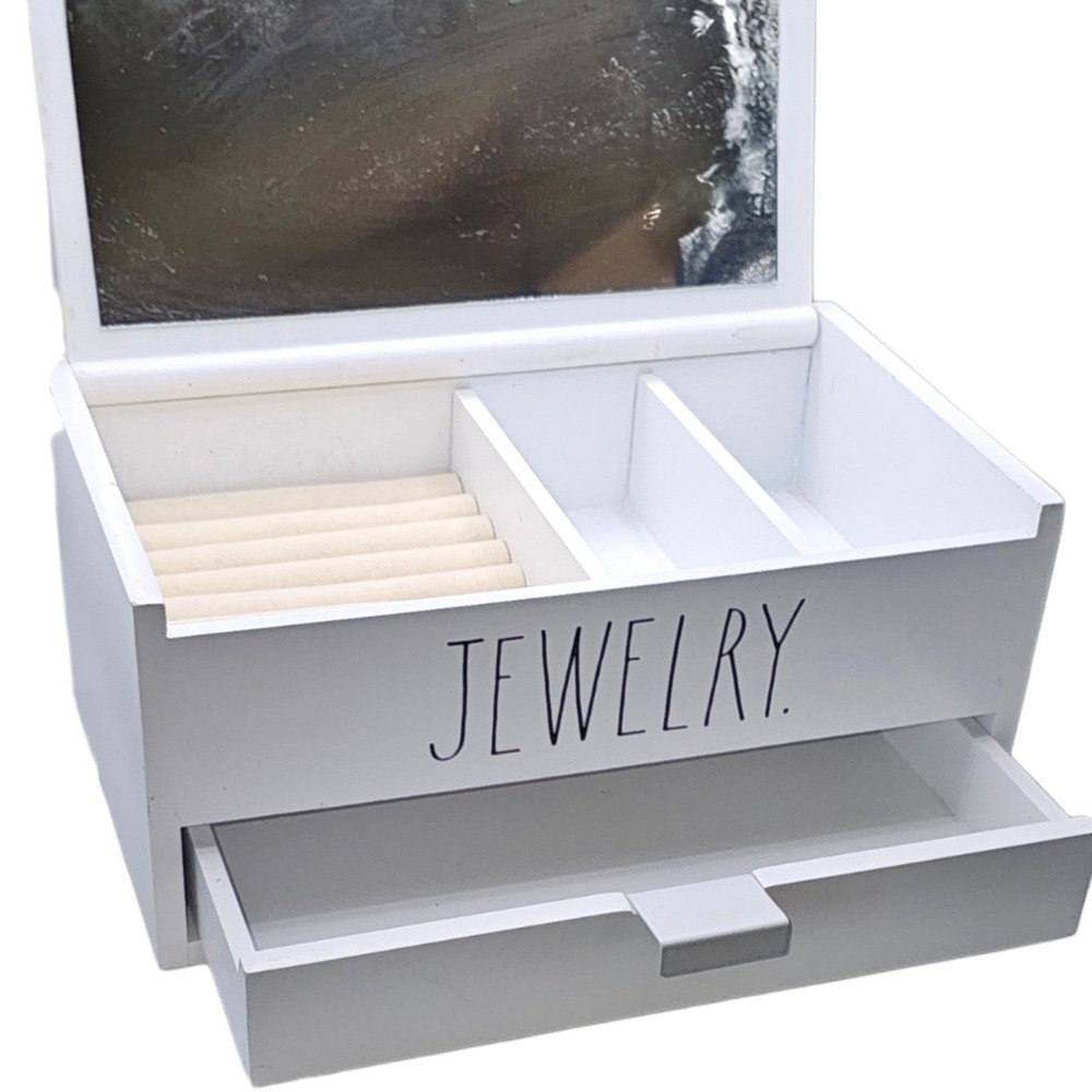 Rae Dunn White Wooden Jewelry Box Organizer with Mirror & Drawer Farmhouse Style